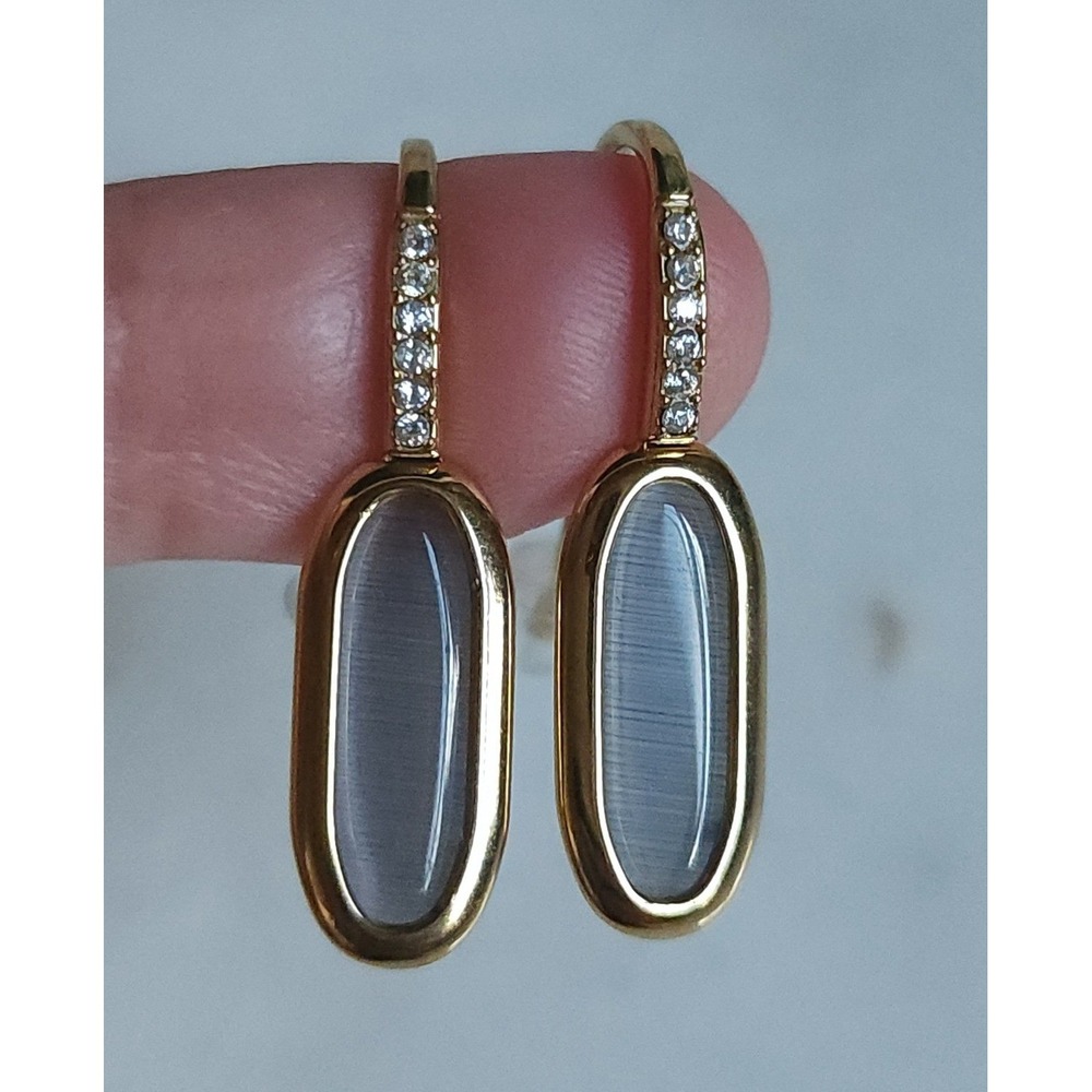 Stunning Cats Eye Stone GoldTone Drop Earrings Pavé Crystal Gray Oval Classy NEW